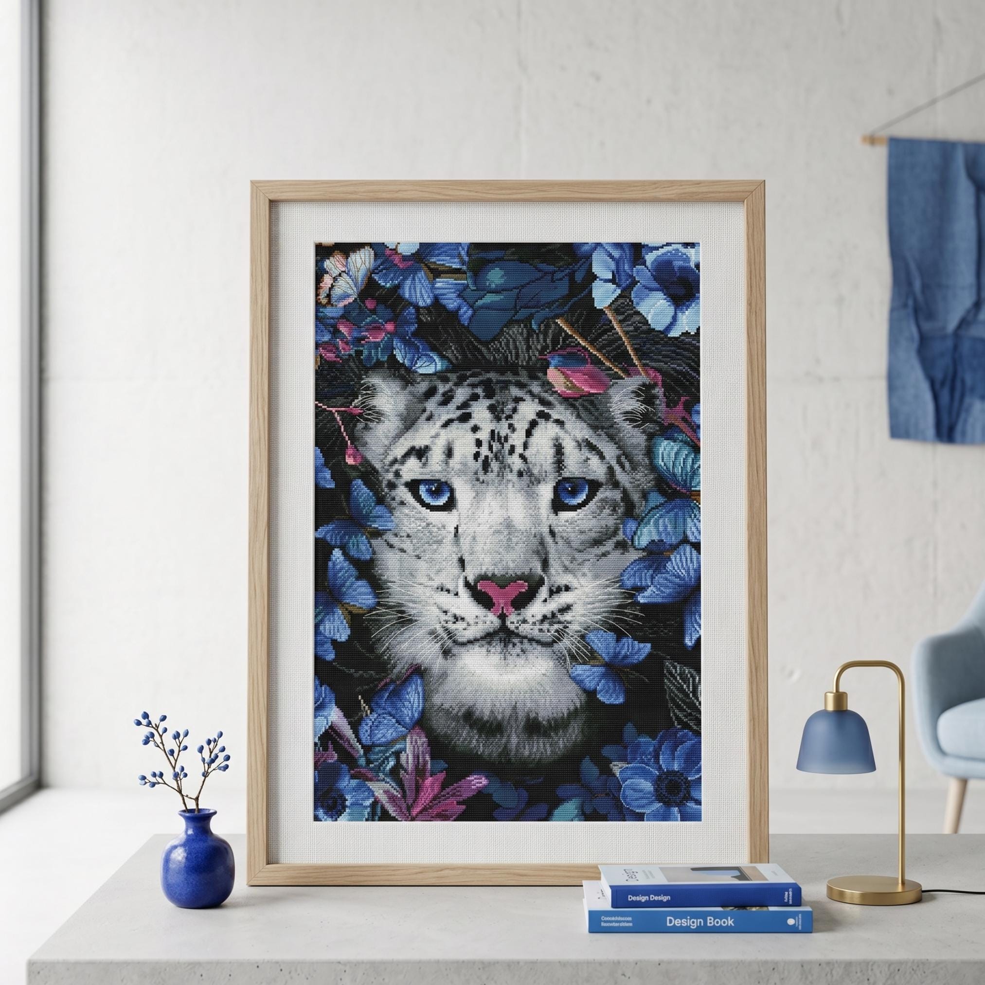 Snow Leopard Cross Stitch Kit, Wild Cat in Butterflies X-stitch