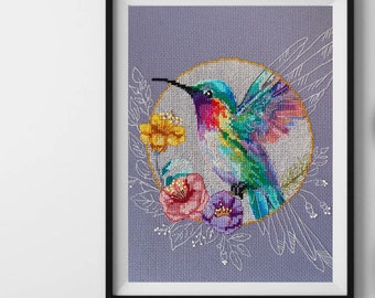 Hummingbird in flowers cross stitch kit, colorful colibri x-stitch pattern, exotic bird counted cross stitch