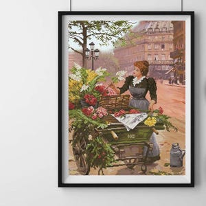 Blumenmädchen von Montmartre Kreuzstichpackung, viktorianische Dame bei Blumenwagen Kreuzstichmuster, alte Paris Stadtbild Stickpackung
