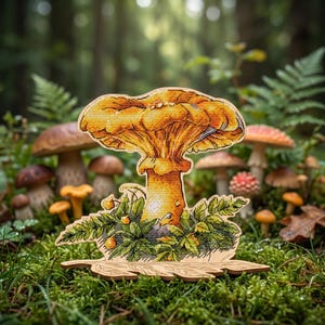 Korsstygnskit med kantarell och svamp på trä, Cottagecore Kitchen Decor
