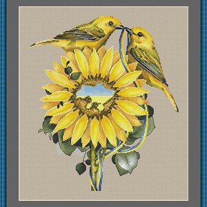 Singvögel auf einer Sonnenblume Kreuzstichpackung, Landkarte der Ukraine im Blumen-Kreuzstich, florales patriotisches Design