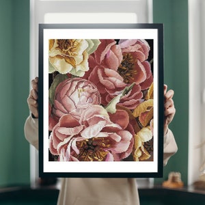 Pink Peonies cross stitch kit, spring flowers x-stitch pattern, garden needlepoint kit