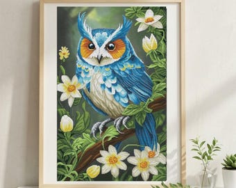 Blue Owl cross stitch kit, cute cartoon bird in flowers x-stitch pattern, fairy tale forest animal needlepoint kit
