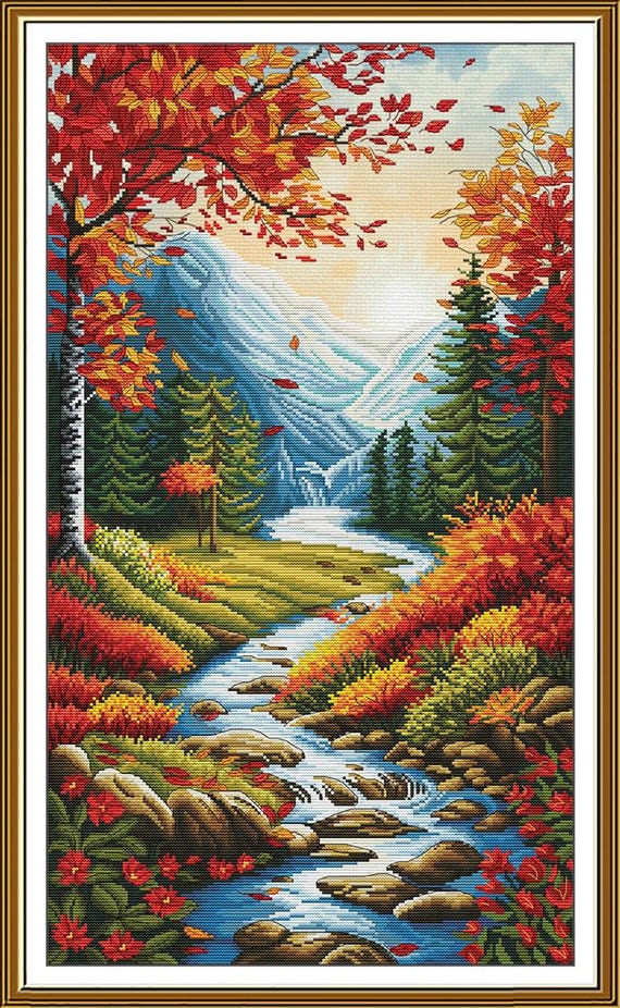 Golden Autumn Cross Stitch Kit, Forest River in Mountains X-stitch