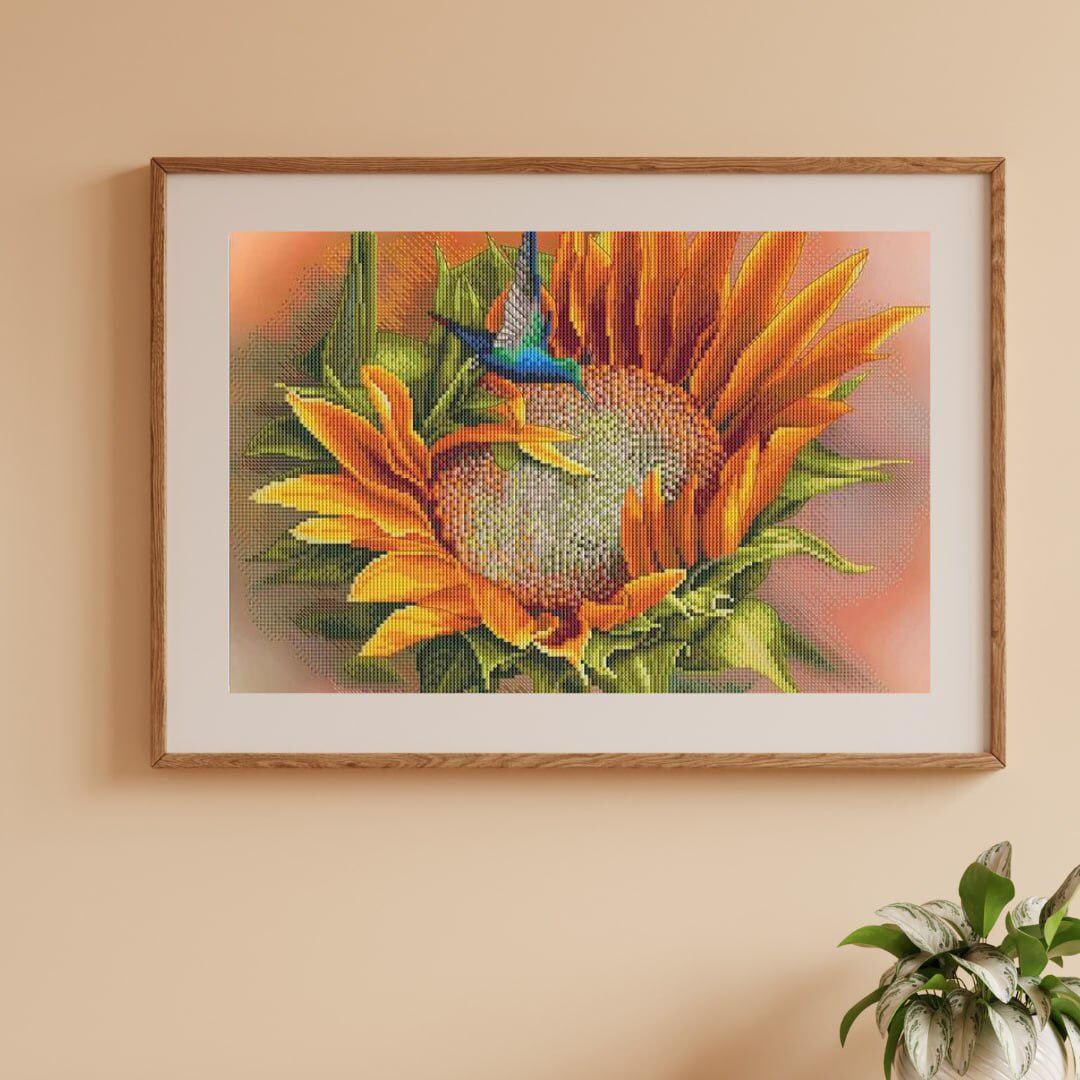 Humminbird Gradient Pattern Sunflower & Humminbird Cross Stitch Kit, Exotic Bird on Orange ...