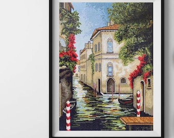 Kit de punto de cruz contado de Venecia floral, patrón de punto X de canal italiano antiguo, kit de bordado de paisaje urbano europeo, bordado de casas rústicas