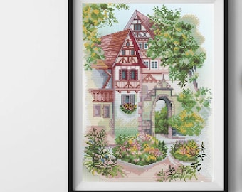 6/21までに! ヨーロッパ式刺繍絵タペストリー: A Cottage in the Forest イギリスの家のクロスステッチキット、ビクトリア朝の旧市街のクロス