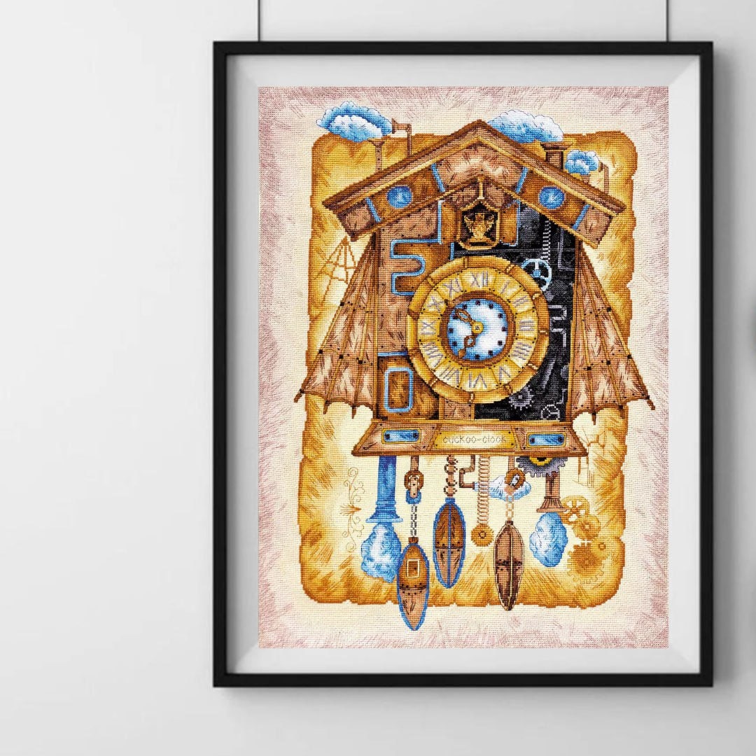 Cuckoo Clock Cross Stitch Kit, Steampunk X-stitch Pattern, Wall Clock ...