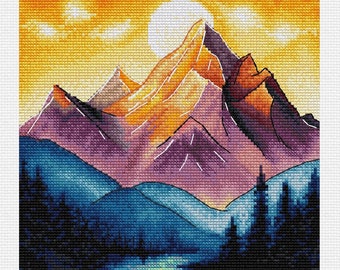Mountains sunset cross stitch kit, forest landscape x-stitch pattern, summer nature needlepoint kit