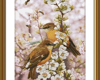 Chickadees cross stitch kit, tit birds on cherry bloosom tree x-stitch pattern, realistic animal needlepoint kit