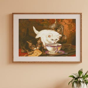 Cats cross stitch kit, eating mom & baby kitten in Victorian interior design, white pet x-stitch pattern, realistic animals needlepoint kit