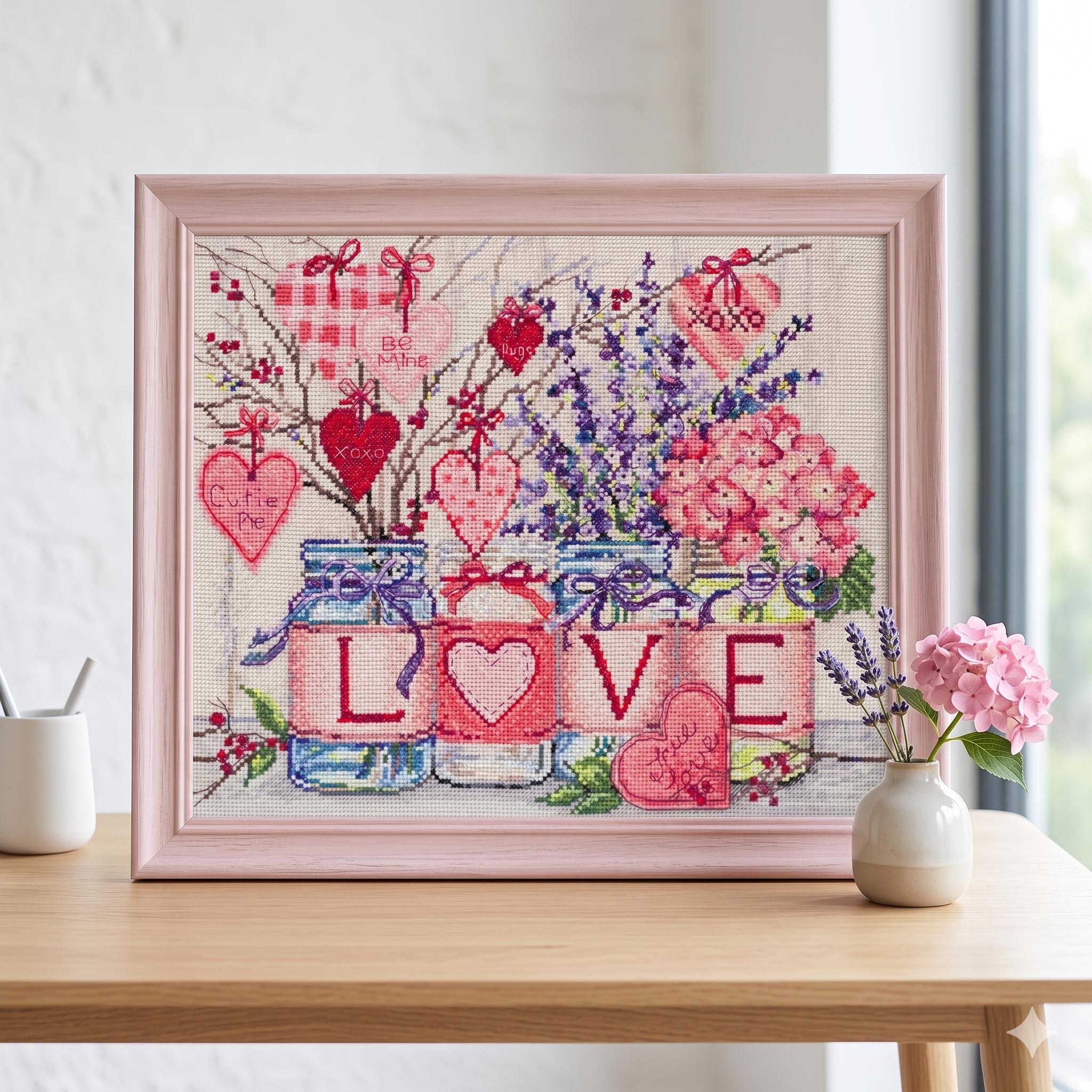 LOVE Cross Stitch Kit, Heart X-stitch Pattern, Valentine Counted