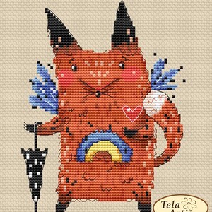 Ukrainian Fox cross stitch kit, cartoon woodland animal counted x-stitch pattern, yellow blue rainbow needlepoint set, DIY kids hobby craft