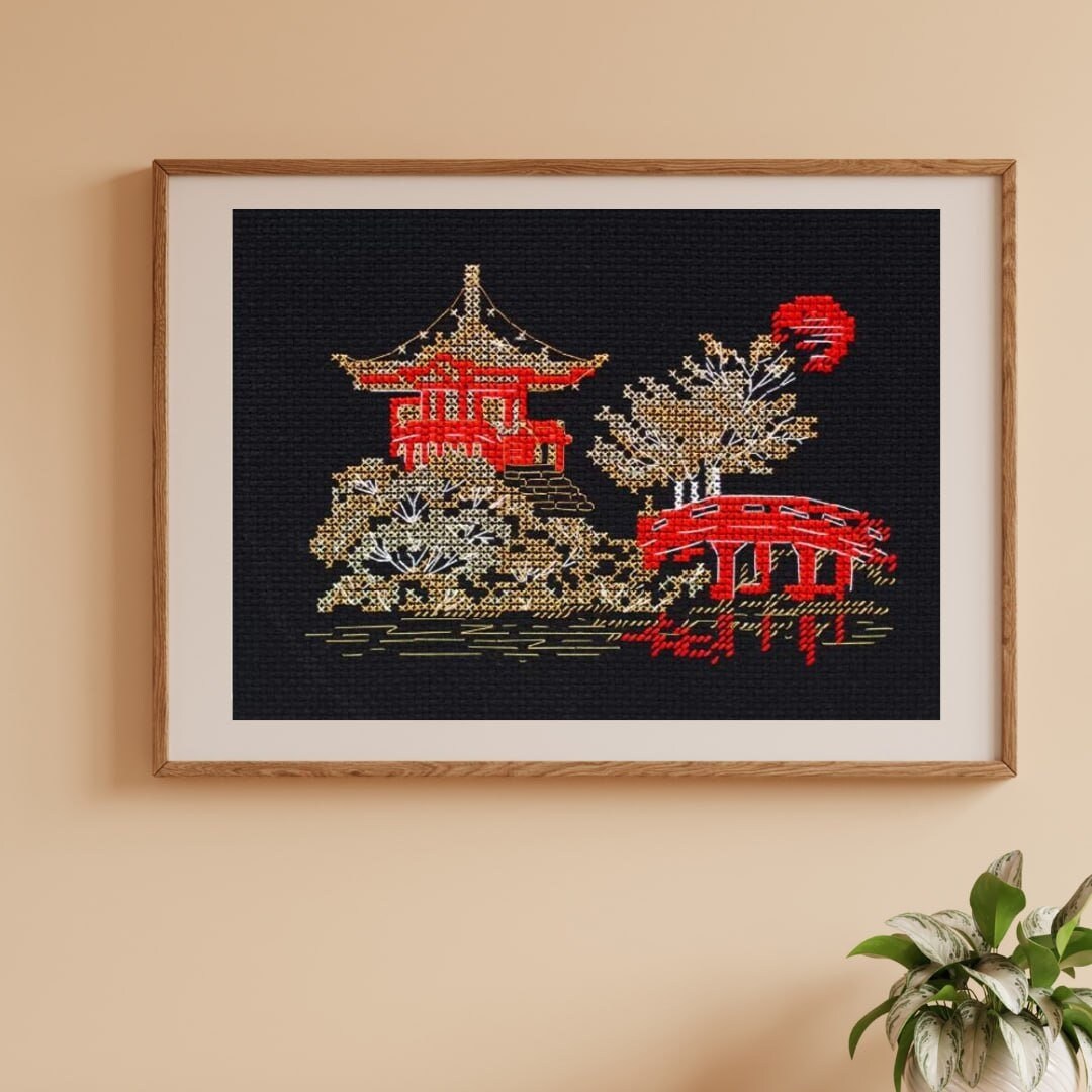 Japan Landscape Cross Stitch Kit, Japanese Garden X-stitch Pattern
