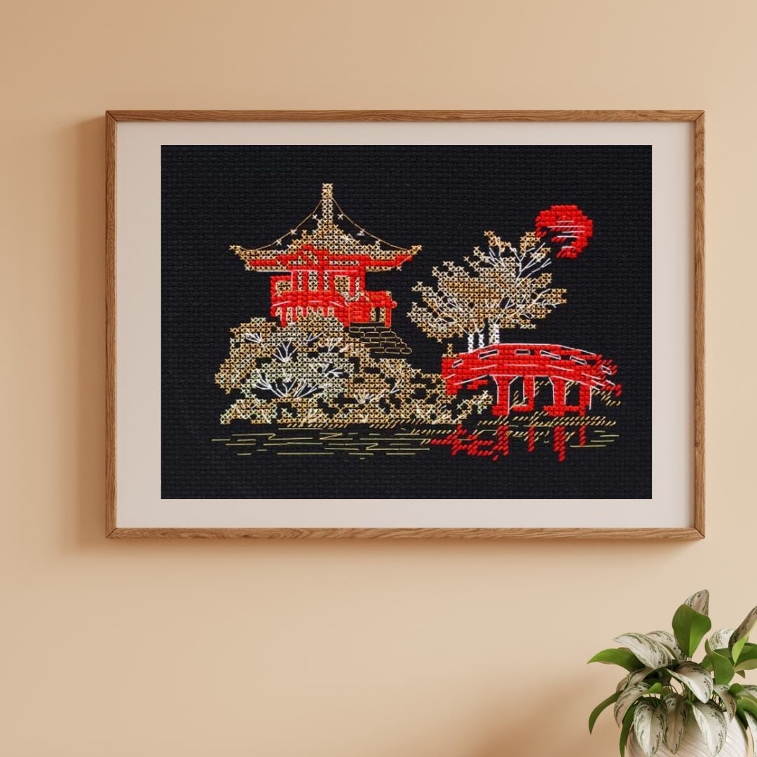 Japan Landscape Cross Stitch Kit, Japanese Garden X-stitch Pattern