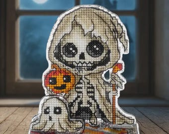 ハロウィンのスケルトンクロスステッチキット（カボチャのゴーストデザイン）、不気味なプラスチックキャンバスDIYデコレーション、不気味でかわいいクロスステッチキット、ニードルポイントキット