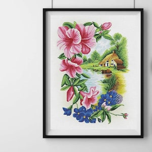 Country house cross stitch kit, old village cottage in floral wreath x-stitch pattern, summer lake landscape, modern needlepoint DIY kit