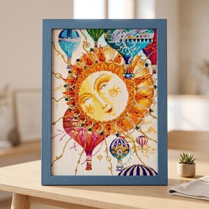 Celestial Cross Stitch Kit, Sun & Hot Air Balloons, Whimsical Needlework Decor, Dreamy Wall Art