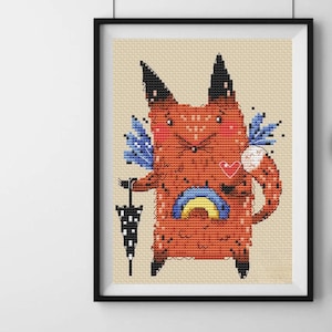 Ukrainian Fox cross stitch kit, cartoon woodland animal counted x-stitch pattern, yellow blue rainbow needlepoint set, DIY kids hobby craft