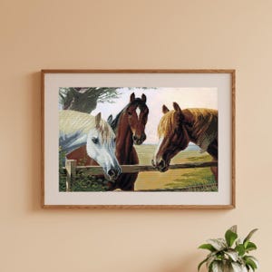 Horse farm cross stitch kit, three horses in rustic landscape x-stitch pattern, brown and white animal needlepoint kit