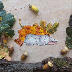 Sleeping bunny cross stitch kit, easter rabbit x-stitch kit, woodland animal with scarf needlepoint kit, cute autumn bunny DIY craft kit