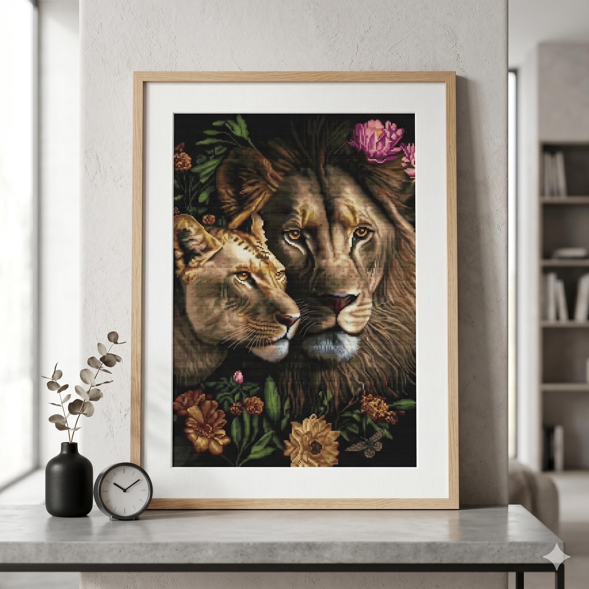 Lion and Lioness Cross Stitch Kit, Wild Animal Couple X-stitch