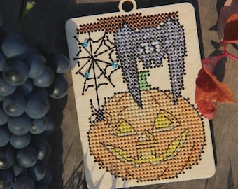Halloween Cross Stitch Kit on Wood Pumpkin with Bat, Glow in the Dark Embroidery DIY Ornament