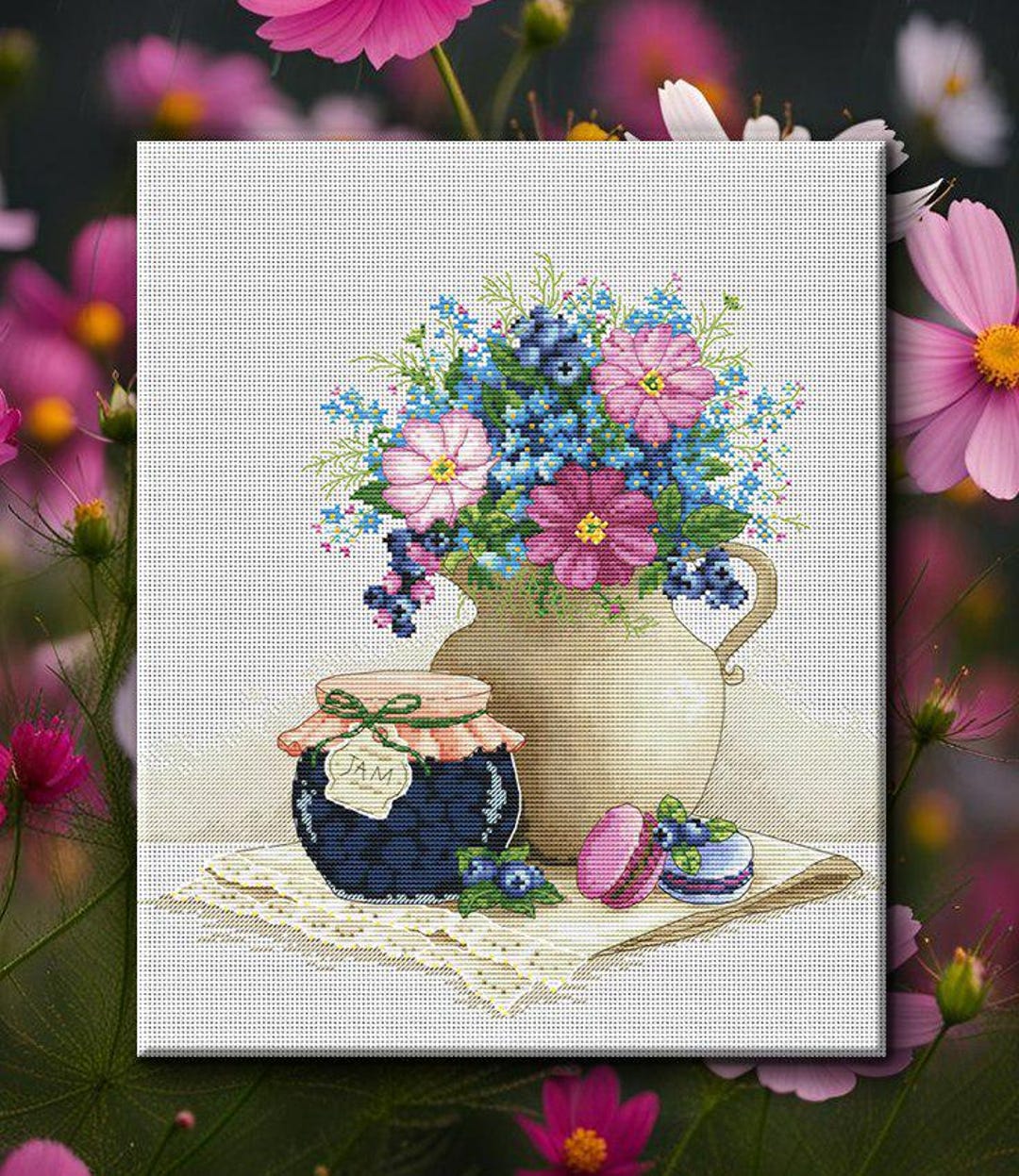Summer Flowers Cross Stitch Kit With Jam Jar and Macaron, Floral