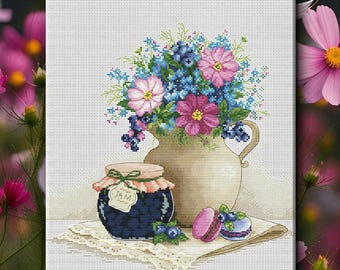 トップス MEDI VINTAGE FLOWER EMBROIDERY AMERI Summer Flowers Cross Stitch Kit With Jam Jar and Macaron, Floral