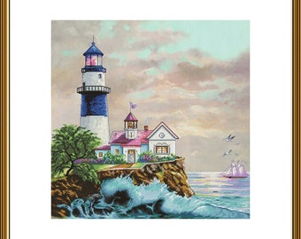 Lighthouse cross stitch kit, coastal beacon x-stitch pattern, sea landscape in sunset needlecraft kit, seascape town cross stitch