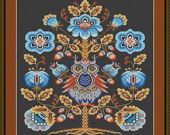 Owl in a fantasy tree cross stitch kit, floral tree of life with a bird counted xstitch kit, ethnic modern xstitch design