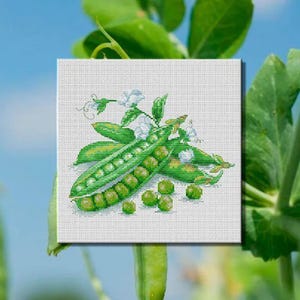 May include: Cross-stitch art featuring green pea pods, peas, and white flowers. The needlework is set against a backdrop of green leaves and a blue sky. The image showcases the detail of the cross-stitch technique.