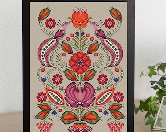 Ethnic floral tree of life cross stitch kit, fantasy flowers counted xstitch kit, rustic modern xstitch design