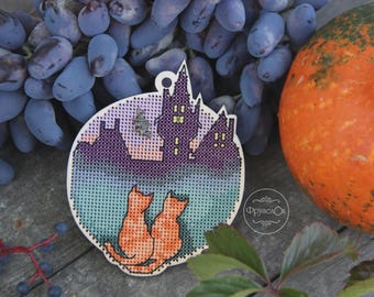 ハロウィン猫木製クロスステッチキット、DIY刺繍お化け屋敷セット、不気味でかわいいクロスステッチセット