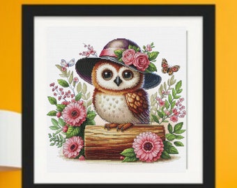 Owl girl in hat cross stitch kit, cute animal x-stitch pattern, forest bird in flowers needlepoint kit