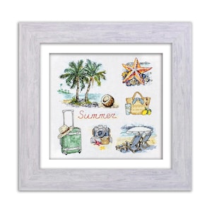 Beach sampler cross stitch kit, summer palm trees, vacation elements, suitcase, starfish, DIY needlepoint kit
