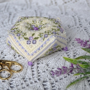 Biscornu counted cross stitch kit, DIY floral pin cushion x-stitch design, berries sampler needlework, spring wedding pillow