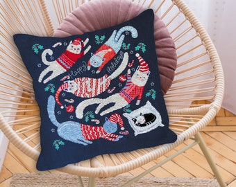 Christmas cats cross-stitch kit for pillow, funny cross stitch pattern, cushion cover x-stitch kit