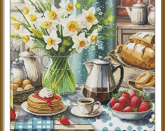 フルーツの静物画を数えたクロスステッチキット、素朴なキッチン