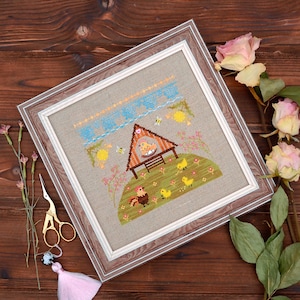 Kit de bordado de punto de cruz con diseño de gallinero, diseño de granja de verano con punto de cruz, gallina, gallo y pollitos, decoración rústica para habitación infantil con cuadrados.