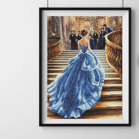 cross stitch formal dresses Cinderella Cross Stitch Kit, Royal Ball Blue Dress Pattern, Fairytale X- stitch Princess Needlepoint Design