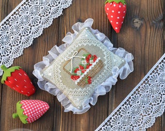 Small pillow embroidery kit, Strawberry basket cross stitch pattern, beaded floral Needlepoint set, summer berries decorative cushion