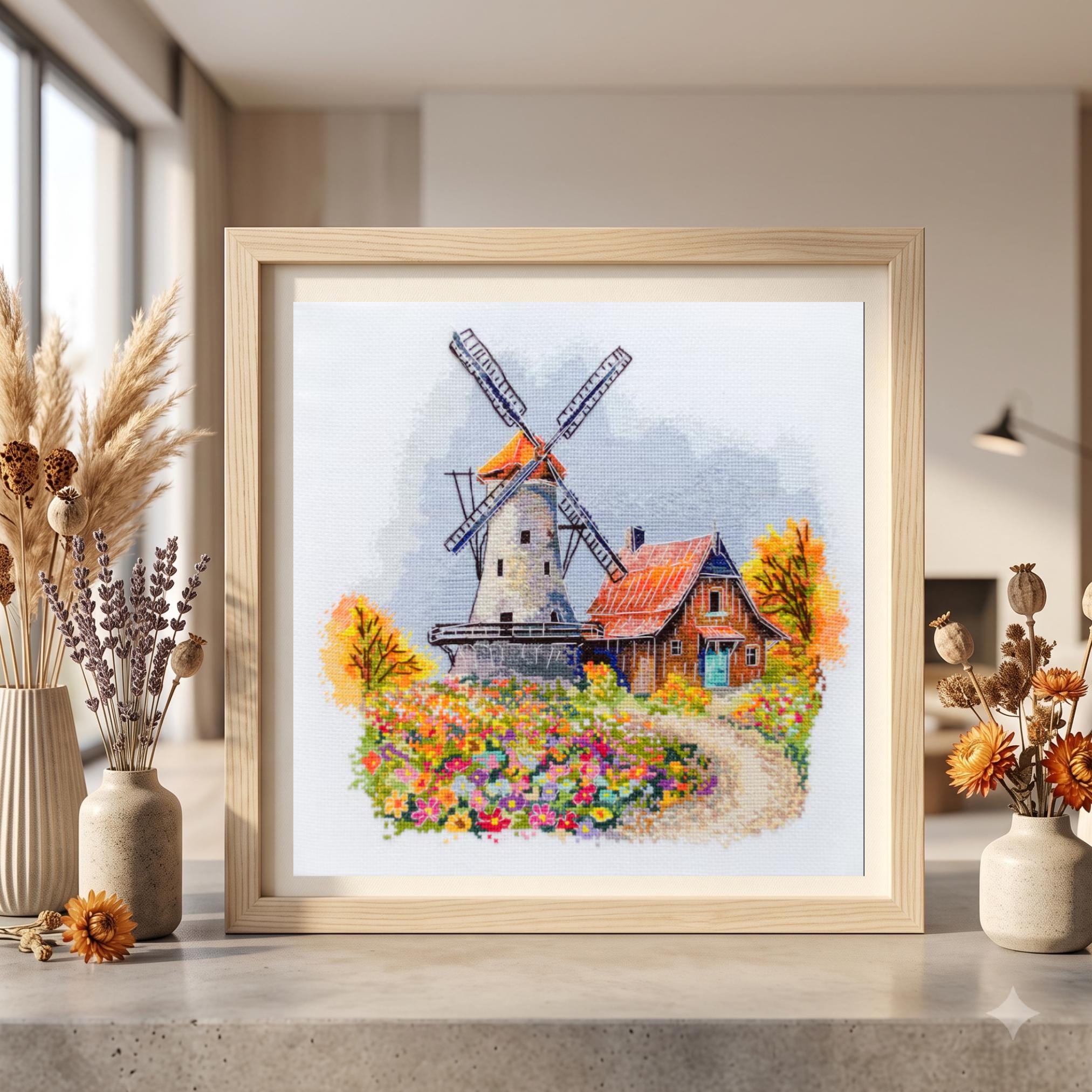 油絵　田園風景 ムーランルージュ カントリーハウス 額縁 田舎の風車のクロスステッチキット、花畑のカントリーハウスのクロス