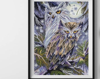 Owls in moonlight cross stitch kit, winter birds x-stitch pattern, snowy magic  needlepoint kit