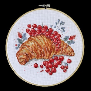Redcurrant croissant cross stitch kit, pastry food counted x-stitch pattern, dessert kitchen decor DIY