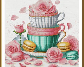 Kit de punto de cruz para macarrones estilo Ladurée, bordado francés sobre tela Aida 16, patrón de punto X con motivos de comida
