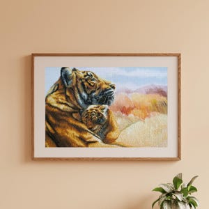 Tiger mother & cub cross-stitch kit, mama and baby animal in Africa x-stitch pattern, DIY craft kit for adults, wild big cat needlepoint kit