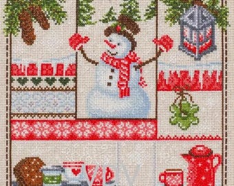 Christmas sampler cross stitch kit with DMC floss, Xmas snowman x-stitch pattern, festive holidays needlepoint