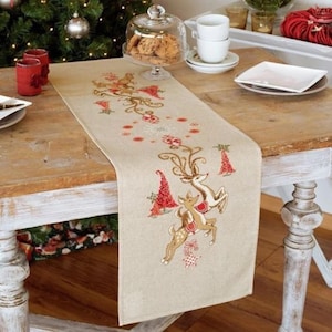 Table runner Christmas reindeers cross stitch kit, deer & doe table decor needlepoint kit, stitching set Vervaco, Xmas linens DIY