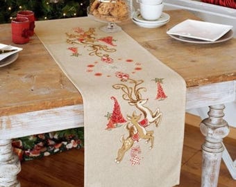 Table runner Christmas reindeers cross stitch kit, deer & doe table decor needlepoint kit, stitching set Vervaco, Xmas linens DIY